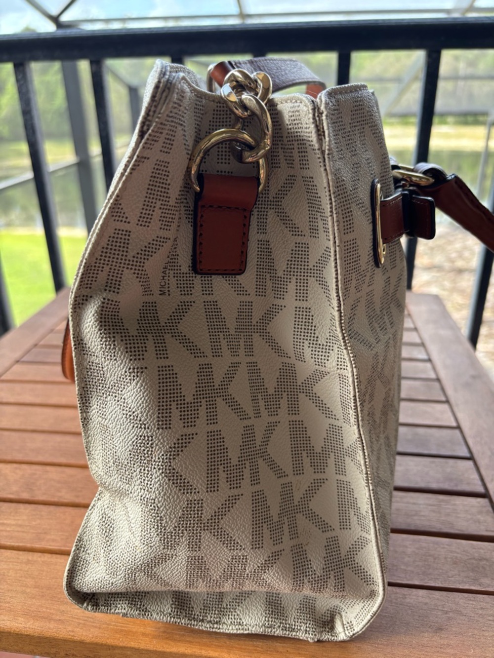 Michael Kors Beige Logo Tote with Brown Leather Handles - Picture 8 of 16